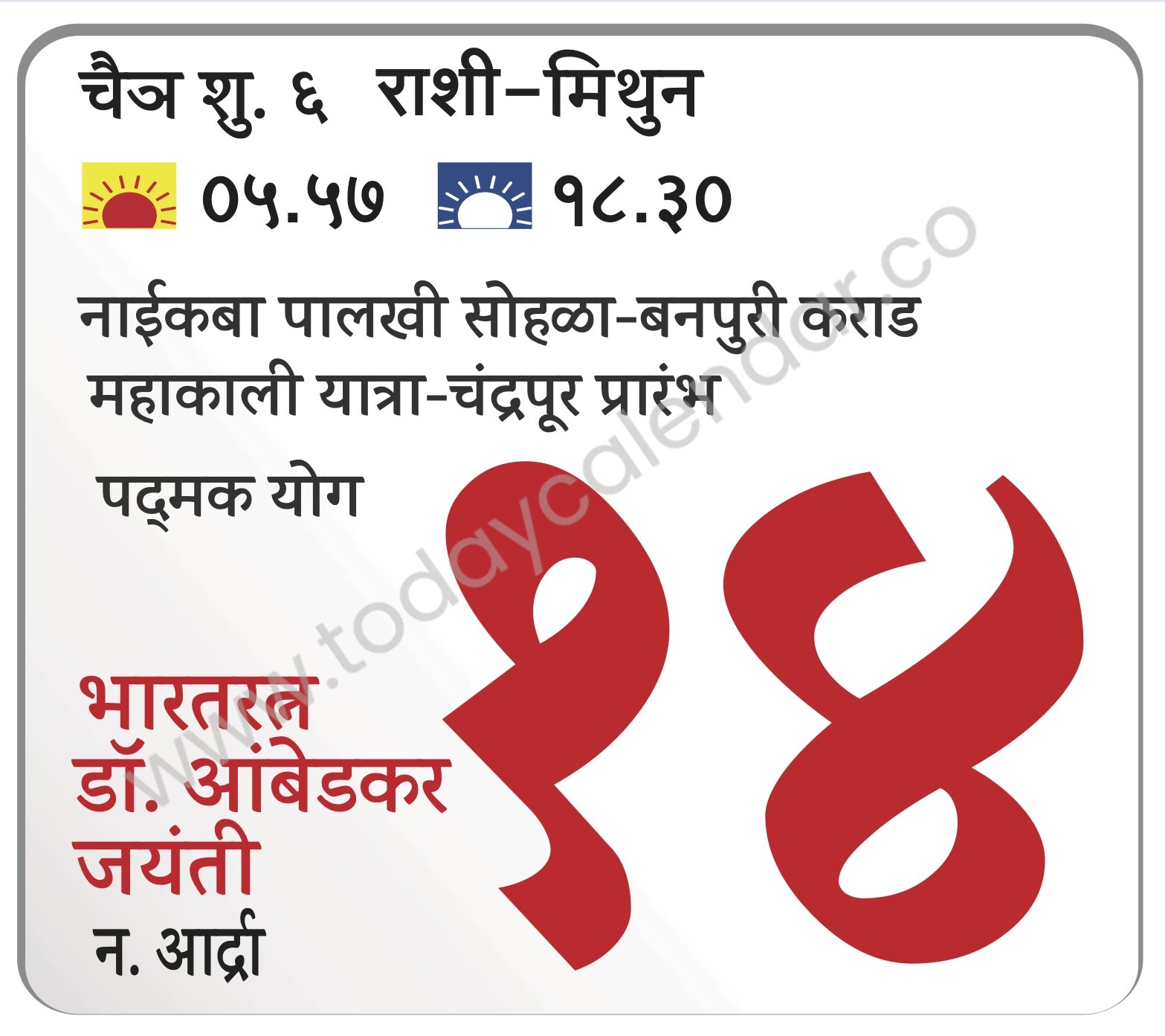 रविवार 14 एप्रिल 2024 – भारतरत्न डॉ. आंबेडकर जयंती | नाईकबा पालखी सोहळा-बनपुरी | कराड महाकाली यात्रा-चंद्रपूर प्रारंभ  पद्मक योग