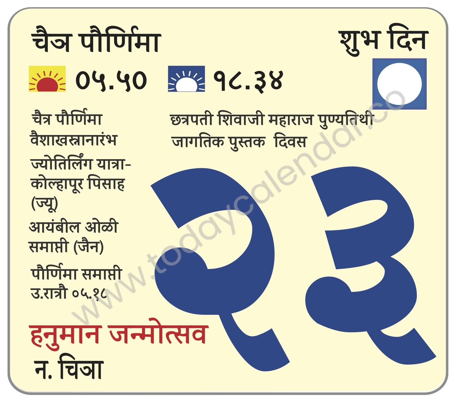 मंगळवार 23 एप्रिल 2024 – शुभ दिन | चैत्र पौर्णिमा  | छत्रपती शिवाजी महाराज पुण्यतिथी | हनुमान जन्मोत्सव | वैशाखस्नानारंभ | ज्योतिर्लिंग यात्रा-कोल्हापूर | पिसाह (ज्यू) | आयंबील ओळी समाप्ती (जैन) | जागतिक पुस्तक  दिवस | पौर्णिमा समाप्ती उ.रात्रौ ०५.१८