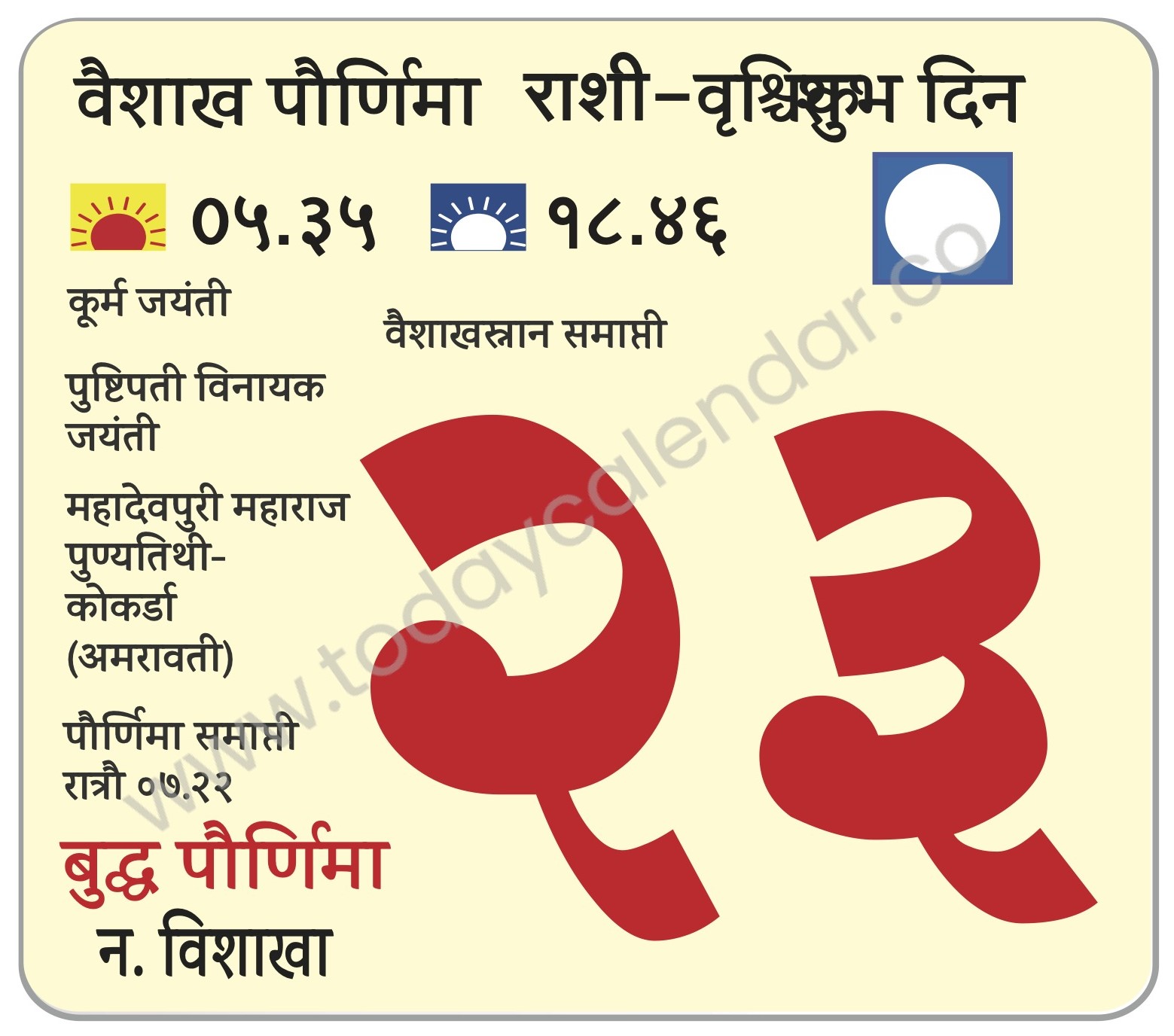 गुरुवार 23 मे 2024 – वैशाख पौर्णिमा | शुभ दिवस। कूर्म जयंती | वैशाखस्नान समाप्ती | पुष्टिपती विनायक जयंती |