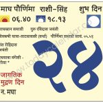 शनिवार 24 फेब्रुवारी 2024 – शुभ दिवस | माघ पौर्णिमा | माघस्नान समाप्ती | जागतिक मुद्रण दिन चित्रऋषी यात्रा-ताटसावळी (वर्धा)  | गुरू रविदास जयंती | संत रोहिदास जयंती  | रथयात्रा मंगेशी -गोवा | पौर्णिमा समाप्ती सायं.  ०५.५९